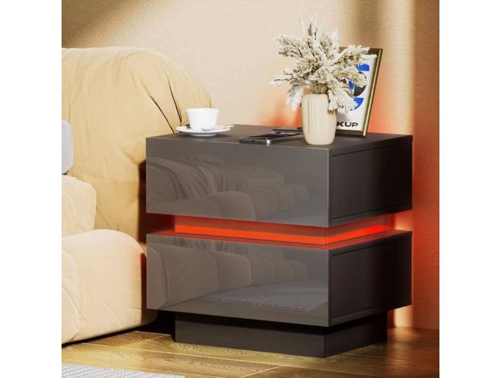 Table de Chevet Avec Station de Charge Table de Chevet LED 16 Couleurs LED Réglable Table de Chevet Haute Brillante Avec 2