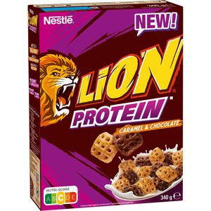Nestle Cornflakes Lion Protein Caramel & Chocolate, 340 g, laktosefrei & vegan, aus Getreide mit 37% Vollkornanteil