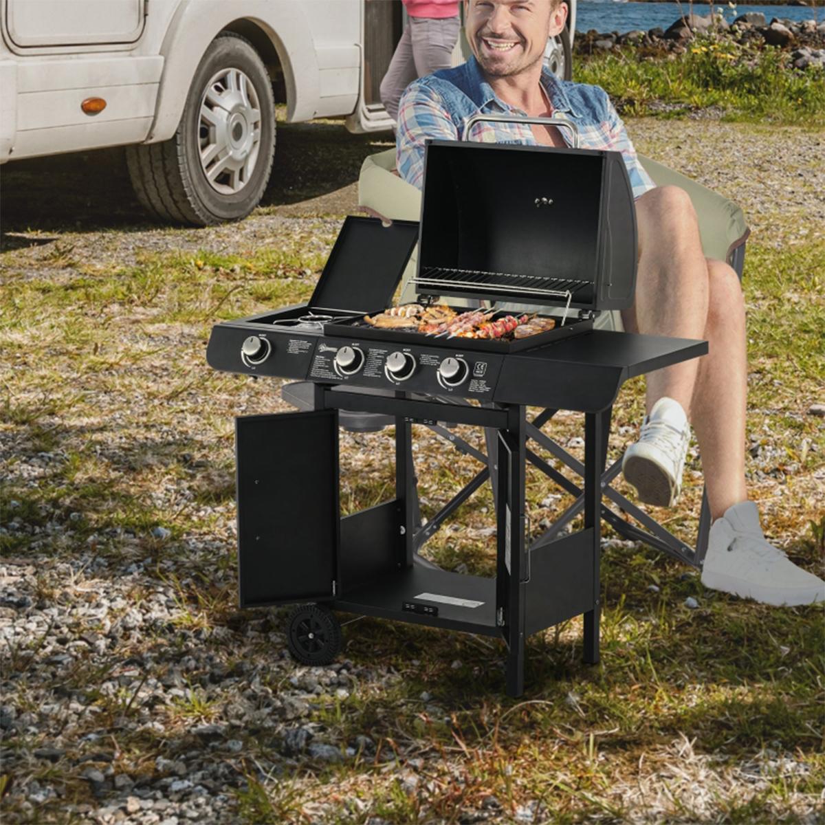 Gasgrill mit 3 Brennern und 1 Seitenbrenner Druckminderer Schläuche Multifunktional BBQ Grillwagen 110x50x100cm Schwarz