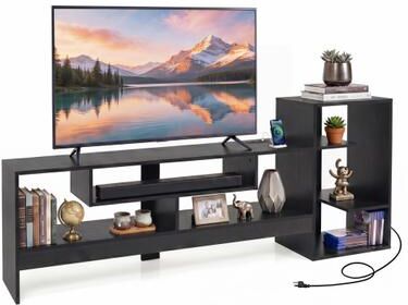 Costway Cube TV Stand for 55 Inch TV with Power Outlets and Open Storage Shelves-Black