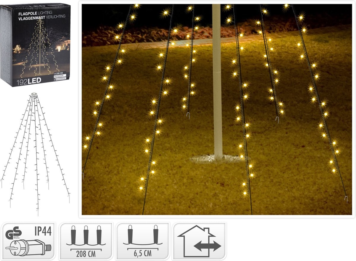 Vlaggenmast verlichting met 192 warm witte LED-lampjes, 208 cm hoog