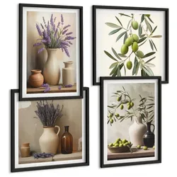 BILDER SET 4er Set - 50x50 cm & 40x60 cm Schwarzer Rahmen - Blumen in Vasen als Dekoration