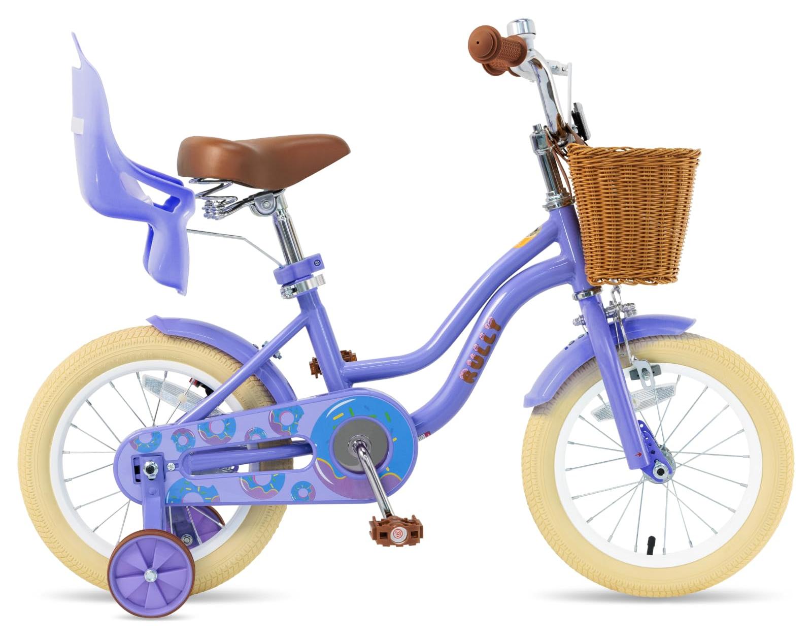 16 Zoll Mädchenfahrrad mit Stützrädern, Korb und Puppensitz, Lila/Rosa