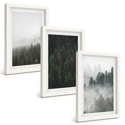 BILDER SET 3er Set - 20x30 cm Weißer Rahmen - Grüne Wälder Nebel Natur