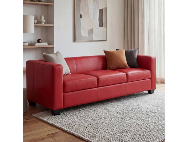 3er Sofa Couch Loungesofa Lille, Leder Leder, rot