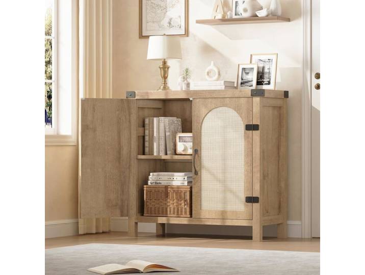 Buffet en rotin - LUNSY - 80x35x84 cm - Beige - Portes en rotin tressé - Étagères réglables - Pieds en métal