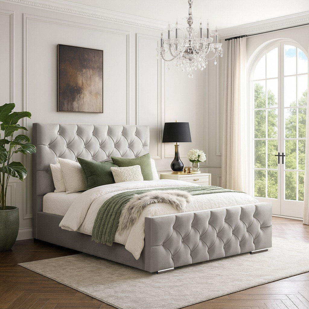 Mercer41 Bollman Upholstered Velvet Bed Silver Double (4'6)