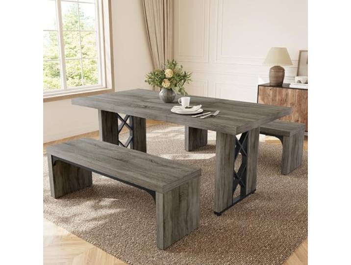 JIEXI Esstisch mit 2 Bänken, 180 cm, MDF-Tischplatte Unter dem Tisch verstaubar, für Küche, Esszimmer