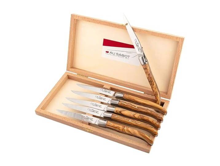 Au sabot Steakmesser Satz, 6 Messer, Olivenholzschalen, mattierte Edelstahlbacken, in Holzkiste, 10ES231000ES10