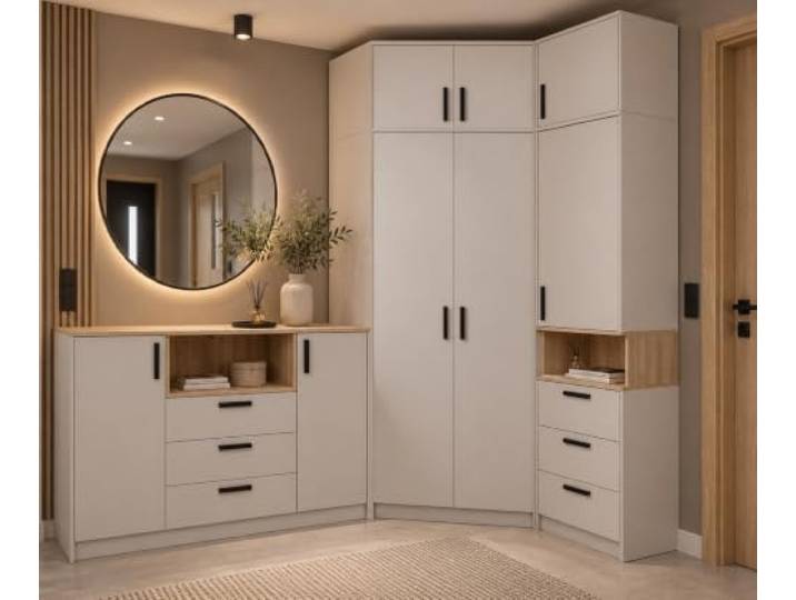 Marmex Meble Grant Möbelset Set 36C Eckschrank Kleiderschrank Regal Kommode für Schlafzimmer Jugendzimmer Arbeitszimmer 280x235cm Cashmere