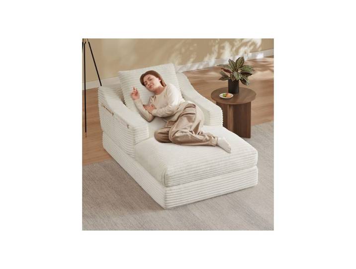 Fauteuil convertible - SOGEU - Banquette-Lit 100x162x68cm - Velours côtelé blanc - Mousse HD - Double couche