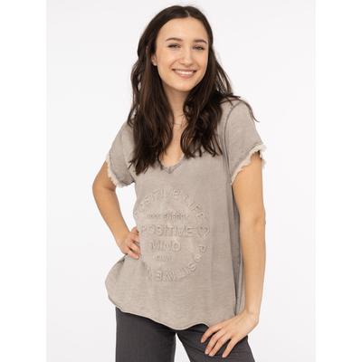 T-Shirt ZWILLINGSHERZ "Positive Mind", Damen, Gr. L/XL, grau (fango), Stoff, Obermaterial: 100% Baumwolle, hüftbedeckend, V-Ausschnitt, Shirts T-Shirt, V-Ausschnitt, Kurzarm, Used-Look, Baumwolle, ausgefranste Kanten
