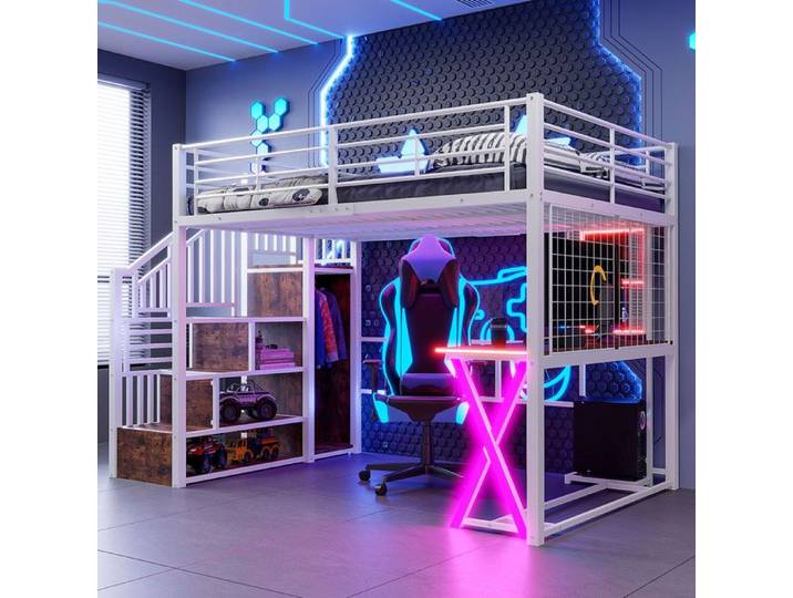 Lit Mezzanine 2 Place avec LED lit Mezzanine avec Bureau et Armoire de Rangement Lit Superposé Enfant 140x200cm Blanc(sans Matelas