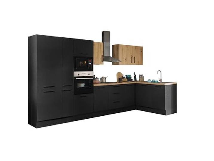 TURIN LBM Eckküche Winkelküche in Schwarz und Artisan Eiche Optik