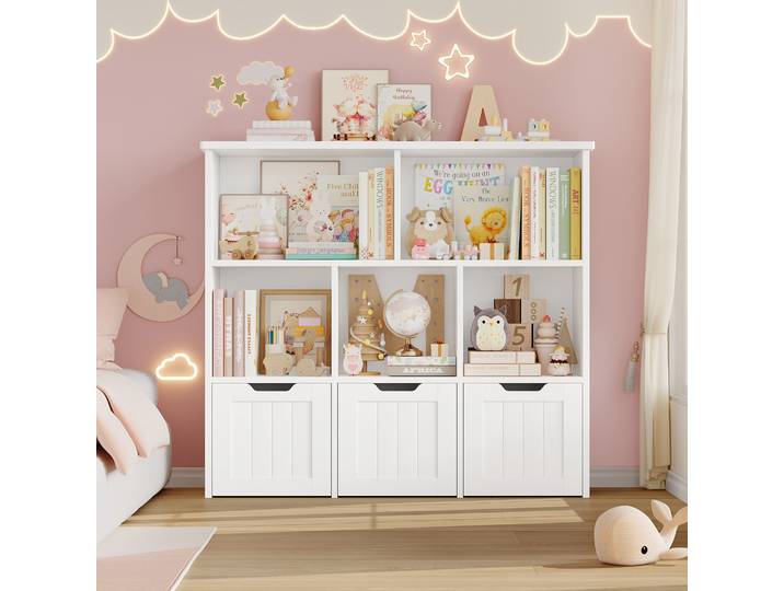 Getone Meuble de Rangement Jouets Enfant Armoire Chambre Enfant Bibliothèque Enfant avec 6 Étagères 3 Tiroirs Roulants Rangement Jouets Enfant Salle de Jeu pour Chambre d’Enfant 100x33x89.5cm
