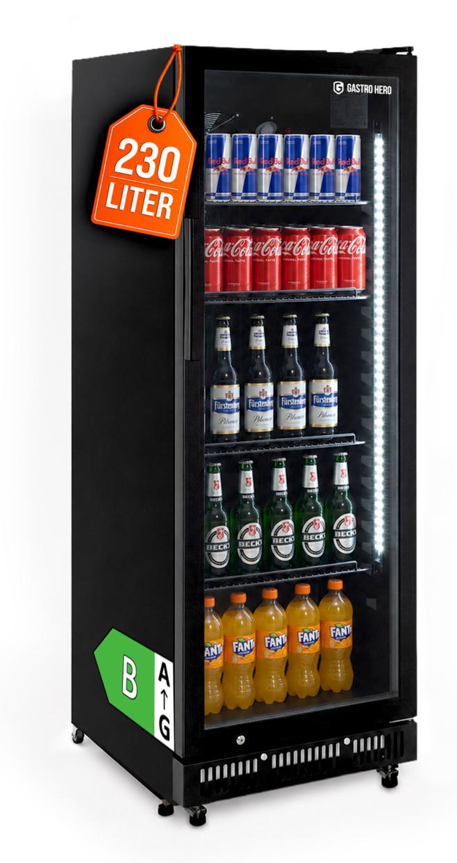 GastroHero Getränkekühlschrank GKSE230 230 Liter Umluftkühlung Glastür LED abschließbar 4 Roste schwarz Gastro Kühlschrank