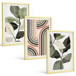 BILDER SET 3er Set - 40x60 cm Goldrahmen - Geometrische Pflanzenmotive