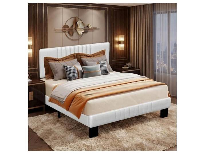 Cadre de Lit Double Réglable 140x190 cm Tête de Lit Rembourrée en lin Double Support en métal et bois Moderne Beige