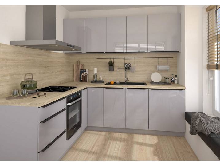 Feldmann-Wohnen Winkelküche Essen, (Schubladen mit Teilauszug + Selbsteinzug (Blum Metabox), 230x230cm grau matt/grau Hgl, Arbeitsplatte, Teilauszug, Soft-Close