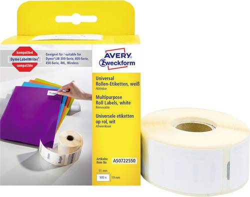 Avery-Zweckform Etiketten Rolle Kompatibel ersetzt DYMO 11355, S0722550 19 x 51mm Papier Weiß 500 St. Wiederablösbar
