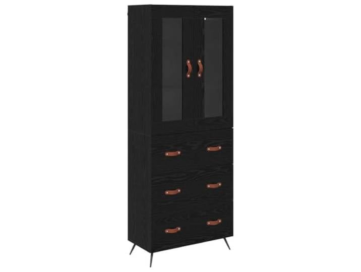 Fisinber Highboard-Schrank 2-teilig Schwarz Eichen-Optik 69,5x34x180 cm Vielseitige Anrichte fürs Esszimmer mit 2 Glastüren und 3 Schubladen für geordnetes Geschirr und Dekoration.