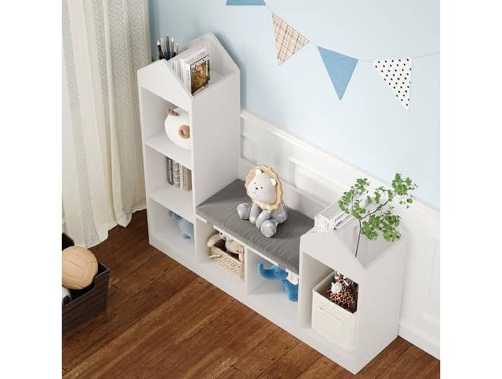 Koioplie Praktisches Kinder Bücherregal mit 6 Fächern und Sitzkissen – Holzregal zur Aufbewahrung von Büchern & Spielzeug – Sitzbank für Kinderzimmer und Spielzimmer – 121 x 30 x 108 cm