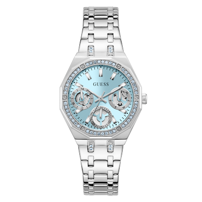 Multifunktionsuhr GUESS "QUINN", silber (silberfarben, hellblau), Armbanduhren, Damen, silberfarben, Quarzuhr, Armbanduhr, Damenuhr, Edelstahlarmband, Datum