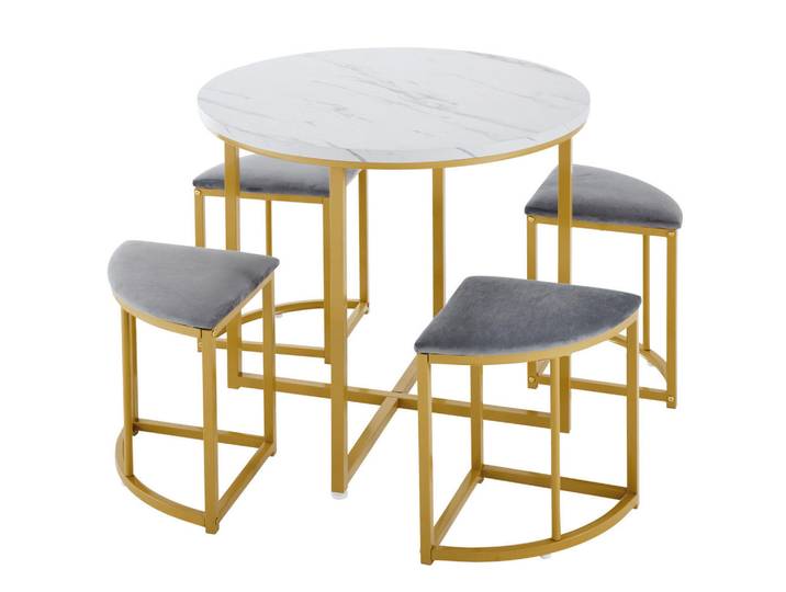 Okwish Tischgruppe 80 cm rund grau weiß mit 4 Samt-Stühlen und vergoldetem Metallrahmen, Weiß, 80x75x80 cm, Esszimmer, Bänke, Tischgruppen & Eckbankgruppen