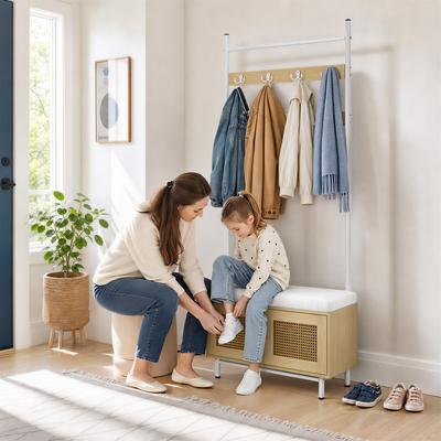 GARVEE Hall Tree with Bench and Shoe Storage, 4-in-1 Coat Rack with Shoe Bench,Rattan Entryway Storage Organizer