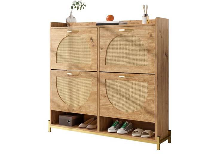 Meuble à chaussures 108x24x100 cm bois avec 4 portes en rotin tressé