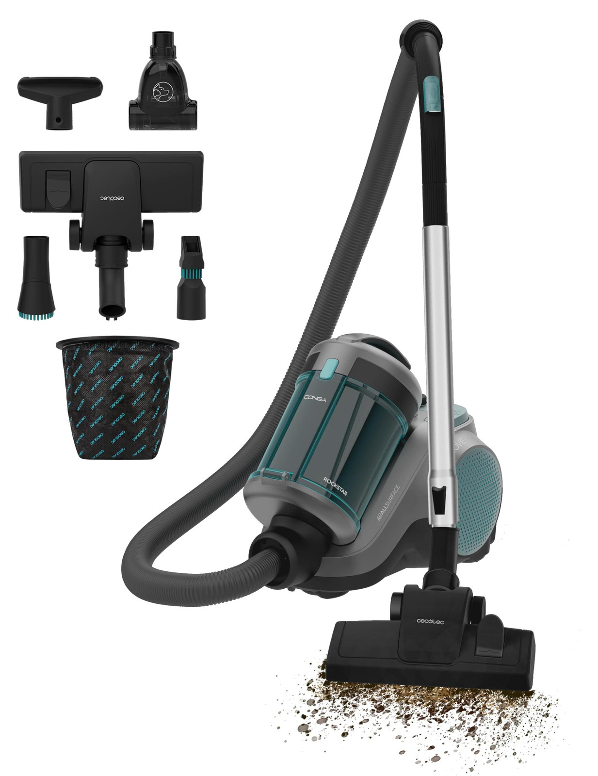 Cecotec Conga Rockstar Cyclonic Powerbag stofzuiger, 900 W, geschikt voor droog gebruik, zonder zak, 2 liter inhoud, met HEPA-filter