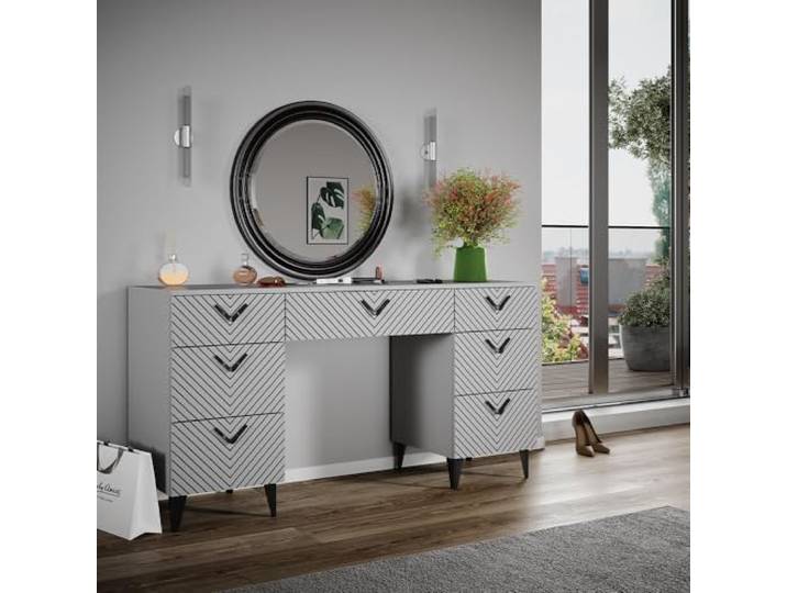 Vicco Schminktisch Anett, Grau 150 cm ohne Spiegel · 7 Schubladen · Bodenstehend · Dekorative Fronten · viel Stauraum