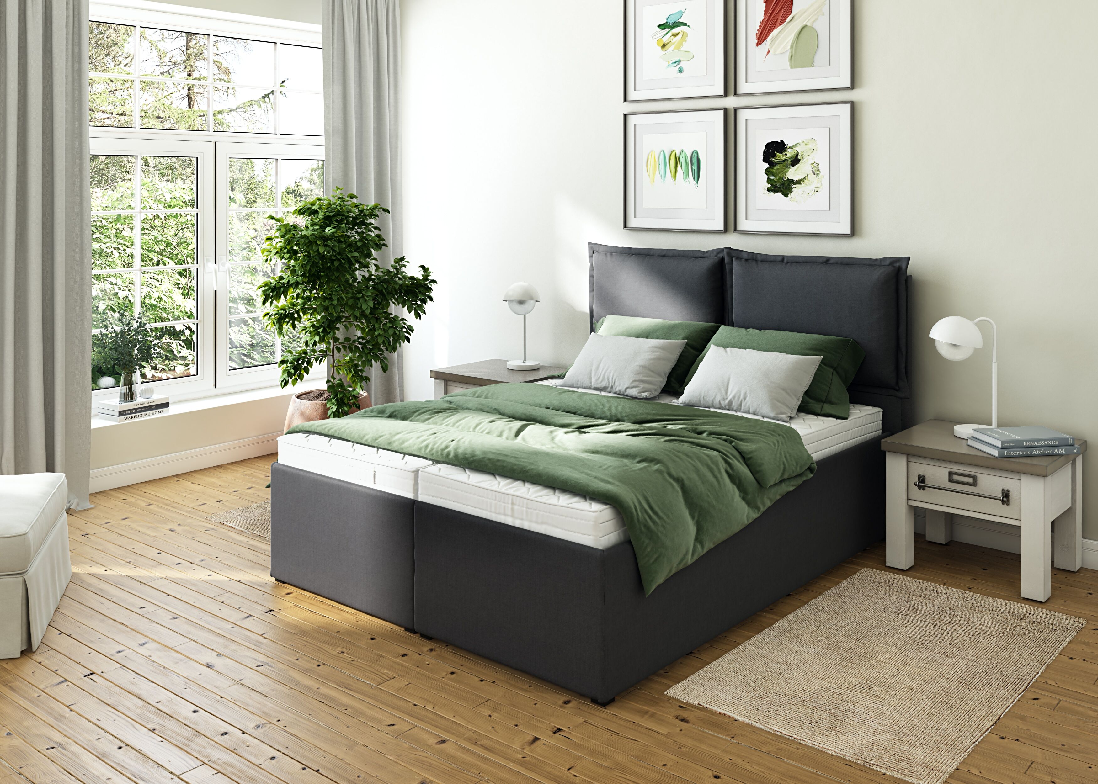 Polsterbett MAINTAL "Lyara", grau (anthrazit), B:167cm L:215cm, Struktur fein (100% Polyester), Betten, Polsterbett, wahlweise ohne Matratze oder mit 3 Matratzenarten zur Auswahl anthrazit Liegefläche Länge B: 200cm x 160cm, Struktur fein mit Tonnentasche