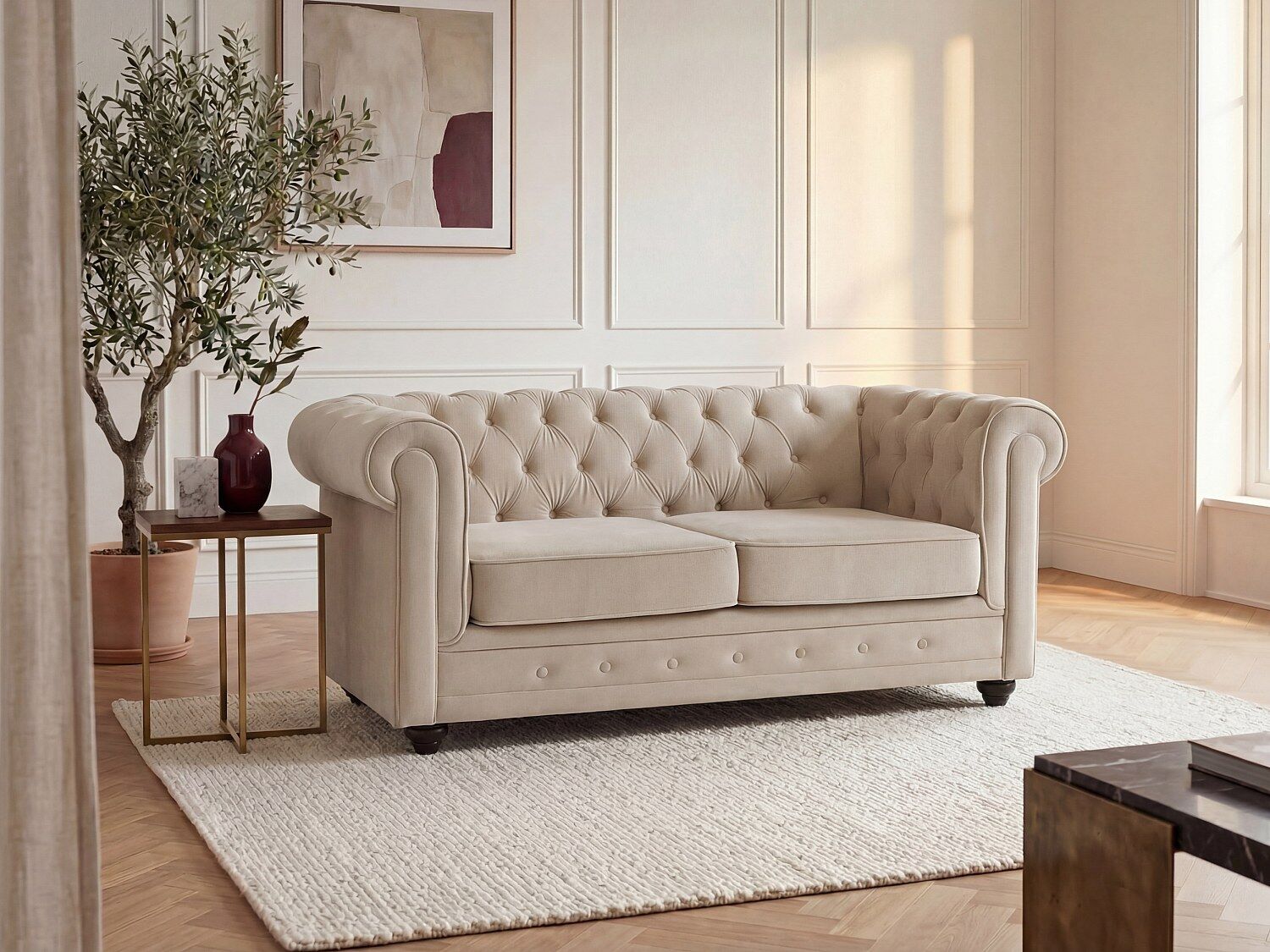 Unique Sofá de 2 plazas de terciopelo beige - CHESTERFIELD