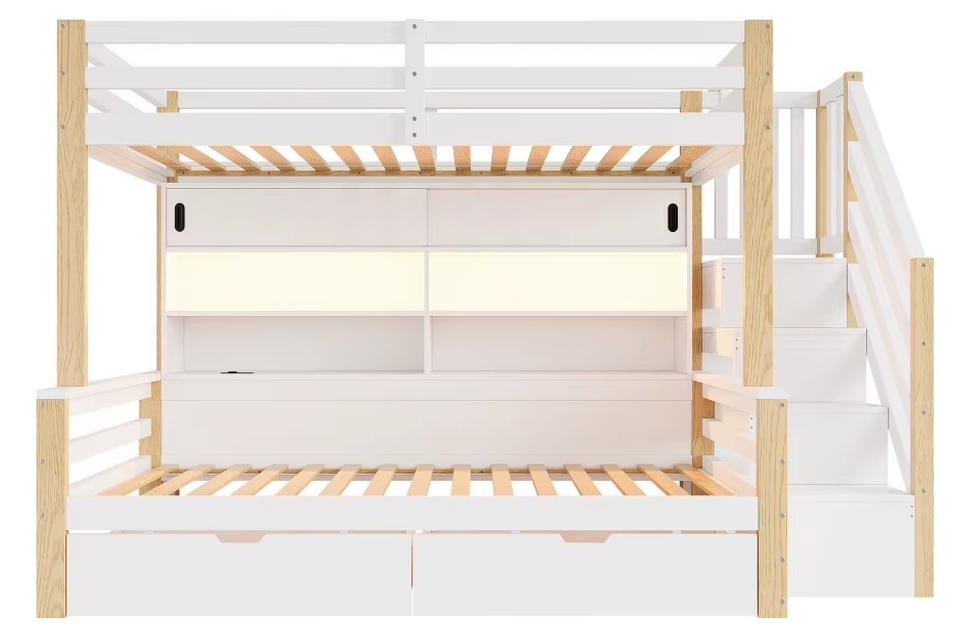 Kinder-Etagenbett - Massivholz - 90 x 200 cm - Stauraumtreppe - Kleiderschrank mit Schiebetür - Sicherheitsgitter - Weiß