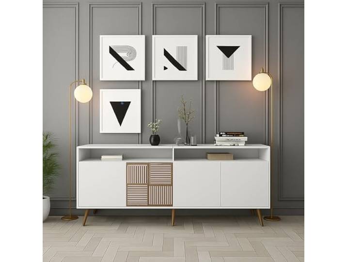 Dmora Sideboard Rotanev 180x35x78,6 cm Weiß, 2 Regale, 4 Türen