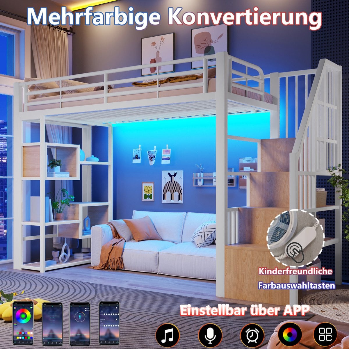 Metalen Hoogslaper Wit voor Kinderen met LED-verlichting, Opbergruimte, Veiligheidsreling en Ladder, B/D: 90 x 200 cm