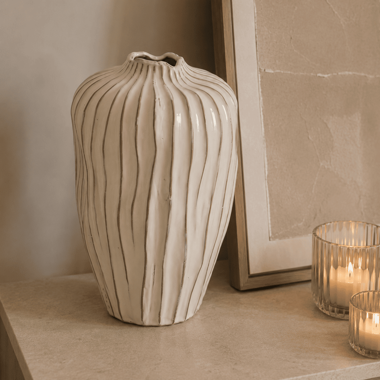 Vegas Large Cream Ribbed Vase