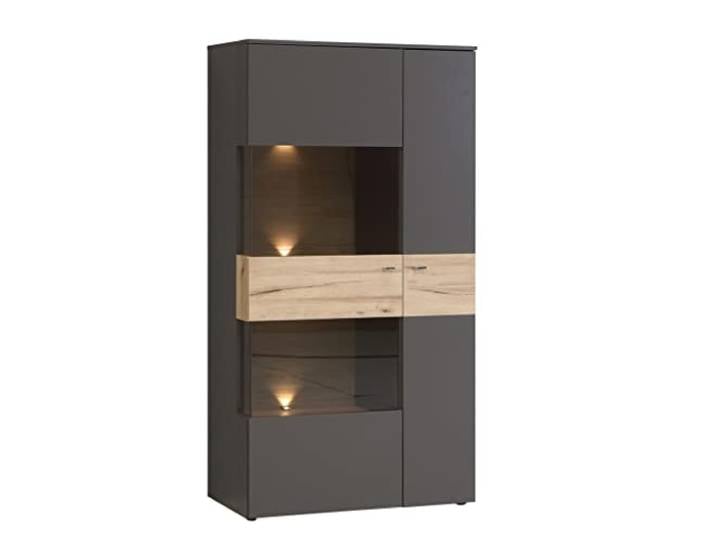 Newroom Vitrine Grau und Planked Eiche Vitrinenschrank Modern - 90,1x168,1x41,3 cm (BxHxT) - Glasvitrine Standvitrine Glasschrank - [Melvin.Five] Wohnzimmer Wohnstube