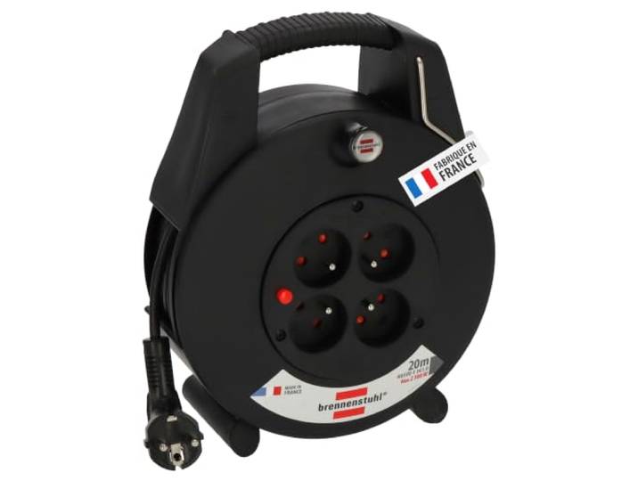 Brennenstuhl Enrouleur électrique Confort-Line CL-XL\, 20m H05VV-F 3G1\,0 4 prises 2P+T 16A 230V\, disjoncteur\, poignée\, bouton tournant\, crochet\, en intérieur\, usage ménager\, noir\, Made in France