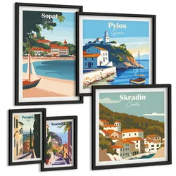 BILDER SET 5er Set - 50x50 cm & 20x30 cm & 40x60 cm Schwarzer Rahmen - Retro-Landschaften im malerischen Stil