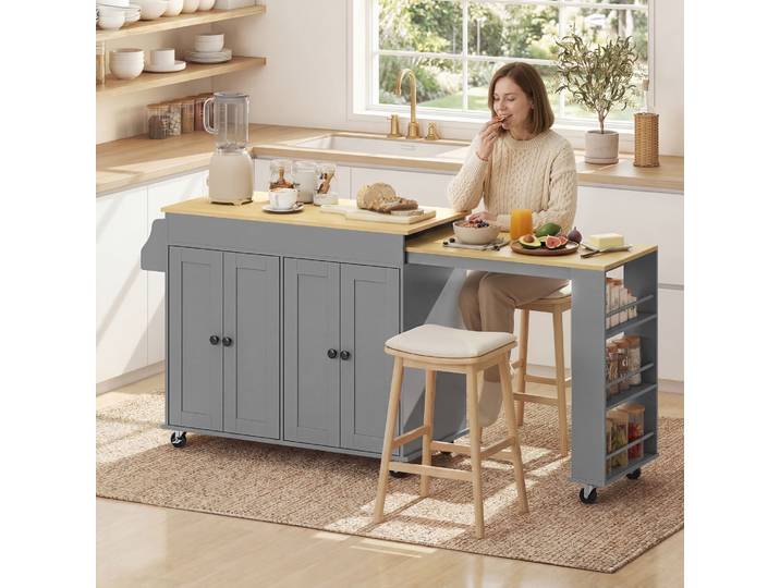 HOMCOM Îlot Cuisine Gris Roulettes Plan Extensible 4 Portes