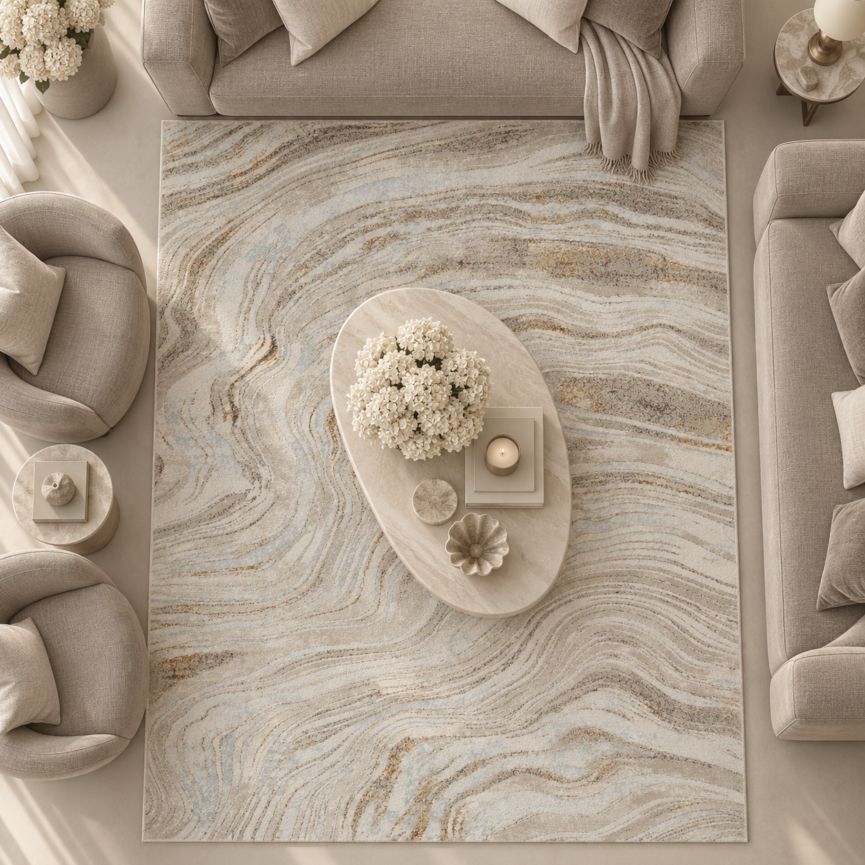 Anthea Beige & Cream Swirl Effect Abstract Rug, 180 x 119cm