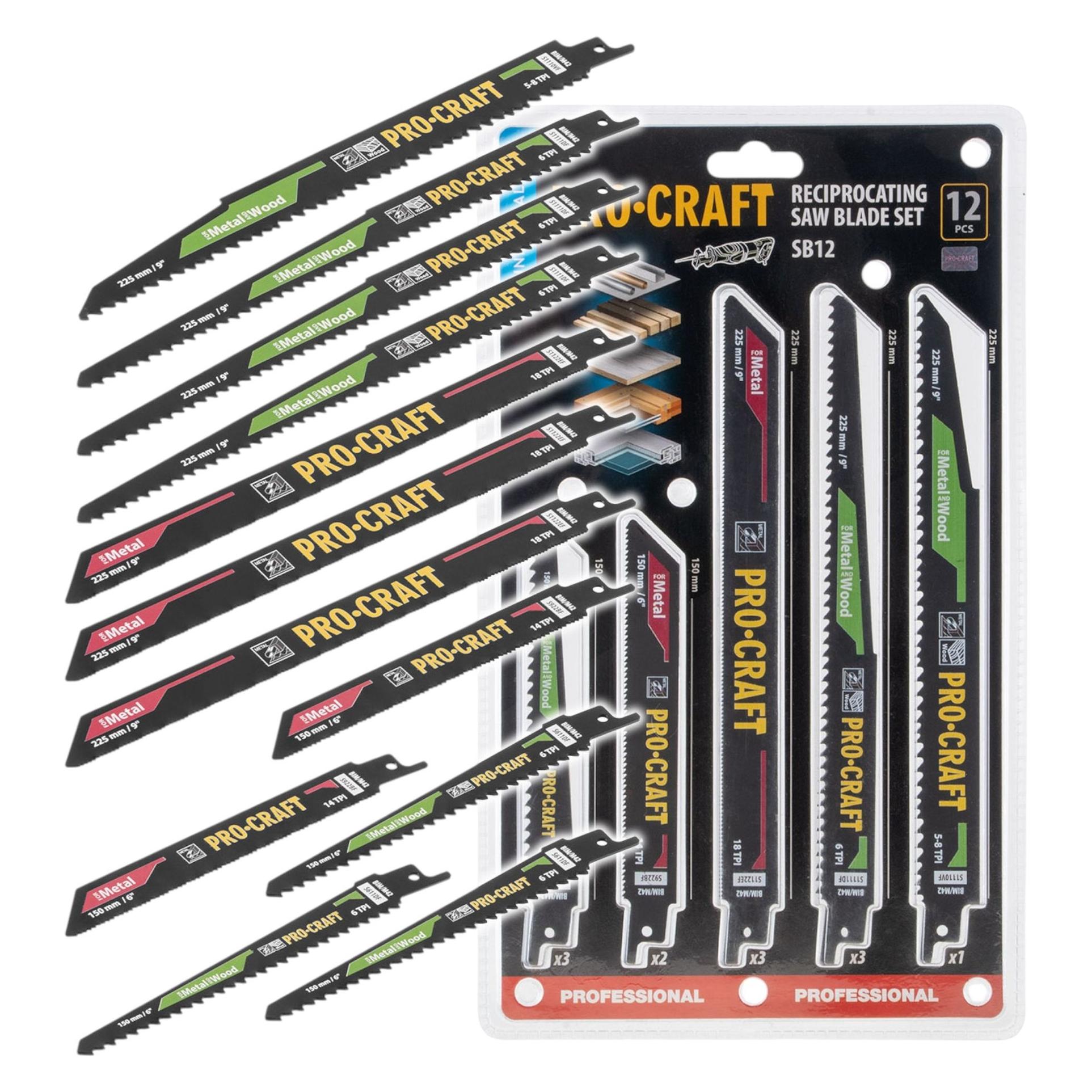 Procraft SB12 Säbelsägeblatt Set 12 tlg. 150 - 225 mm für Holz / Metall / Kunststoff (SB12)
