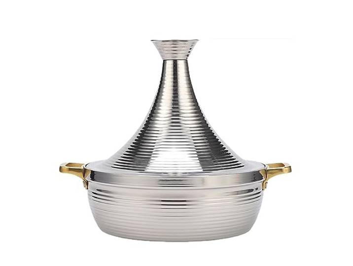 WYBZDA Edelstahl 304 Tajine Topf, Antihaft Langsamkocher Meeresfrüchte Tagine Marokko Mit 2 Griffen Und Verbrühungsschutz Silikon Handschuhe for Kochen(Silver,24cm)