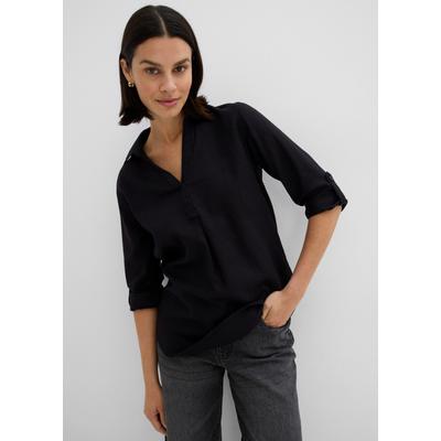 Langarmbluse BONPRIX "3/4-Arm Bluse mit Leinen", Damen, Gr. 46, schwarz, Web, Obermaterial: 55% Leinen, 45% Viskose, figurumspielend normal, Aufschlag, Blusen, figurumspielende Passform, für vielseitige Alltagslooks