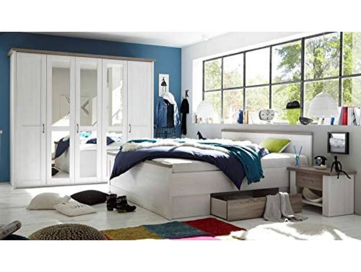 KOMPLETT SCHLAFZIMMER DOPPELBETT BETT NAKOS KLEIDERSCHRANK LUCA PINIE WEISS LANDHAUS