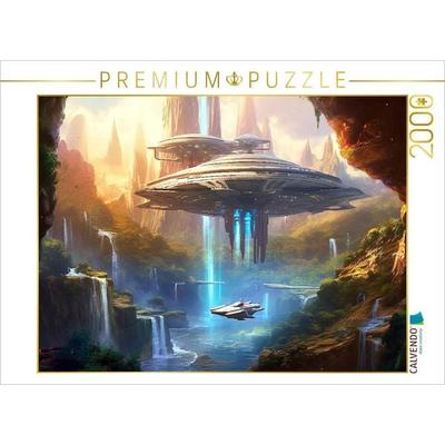 CALVENDO Puzzle Science Fiction - Reise zu fremden Planeten - Wasserfall Besucher | 2000 Teile Lege-Größe 90x67cm Foto-Puzzle für glückliche Stunden
