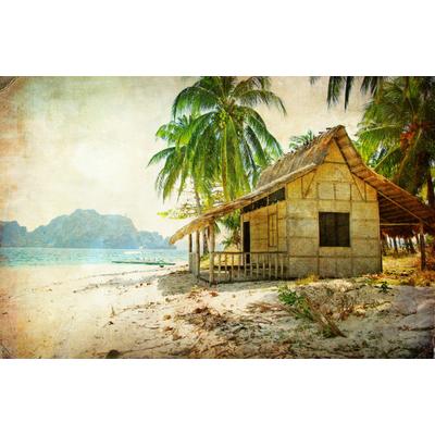Fototapete PAPERMOON "PALMEN-STRAND-RETRO VINTAGE KARIBIK SÜDSEE MEER DÜNEN", bunt, B:3,5m L:2,6m, Vlies, Tapeten