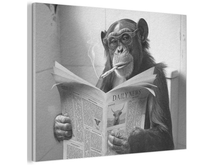 MuchoWow Akustikbild - Affe - WC - Zeitung - Schwarz-Weiß - Humor - 80x60, Hellgrau, Kunststoff, Rechteckig, 80x60x0.9 cm, Wandverkleidung, Akustikpaneele